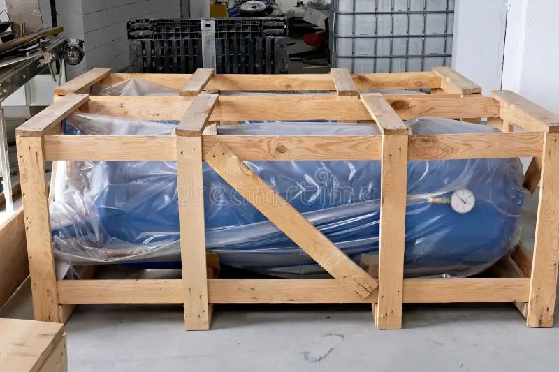 Industrial machinery secured in a custom wooden export crate